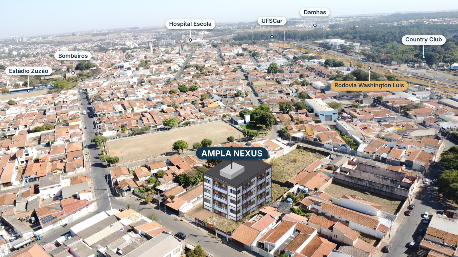 Foto aérea da Vila São José com o prédio do Ampla Nexus desenhado no terreno, em perspectiva e fora de escala, a Rodovia Washington Luís destacada e os pontos de referência: Estádio Zuzão, Bombeiros, Hospital Escola, UFSCar, Damhas e Country Club