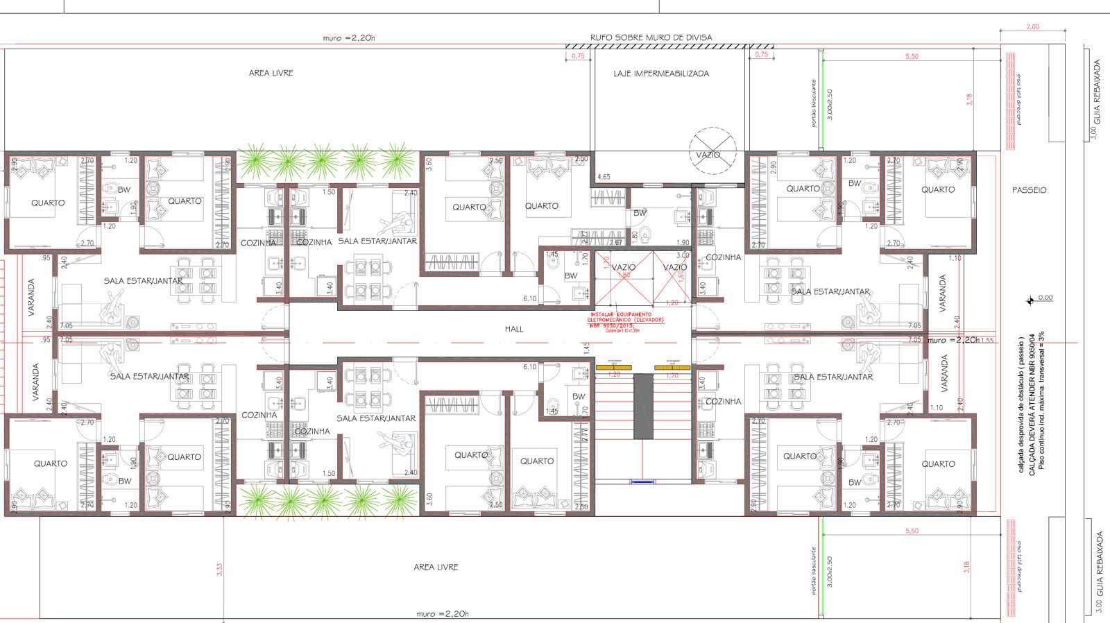 Planta do andar tipo do Ampla Nexus, com seis apartamentos de dois quartos em volta do hall e do elevador