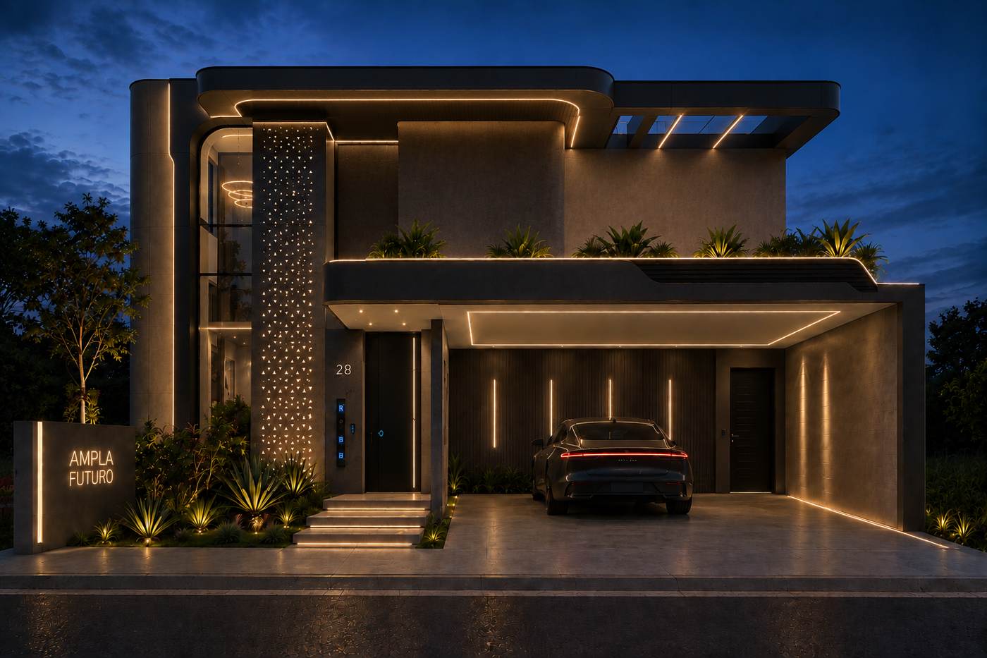 Fachada noturna de casa de alto padrão com iluminação embutida, construída pela Ampla