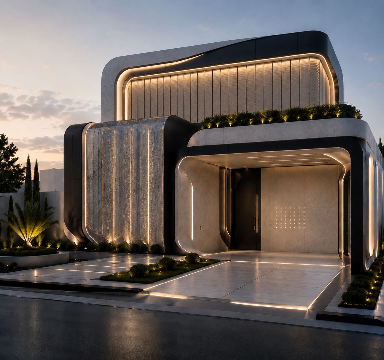 Imagem do projeto: estudo de fachada moderna iluminada ao anoitecer