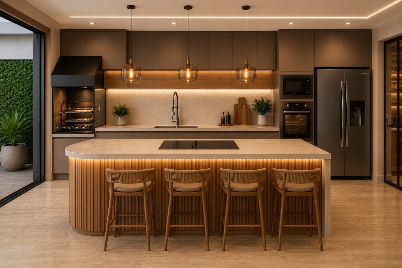 Imagem de referência: cozinha gourmet com ilha e banquetas